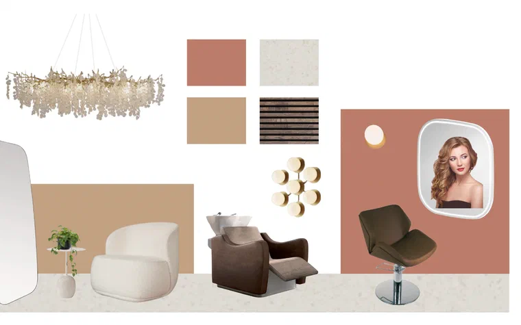 Moodboard med fargeprøver, tekstiler og materialer