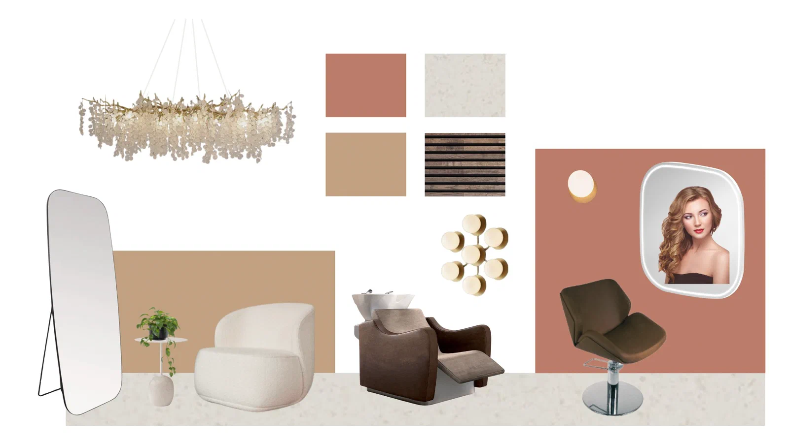 Moodboard for frisørsalong med varme farger og naturlige materialer