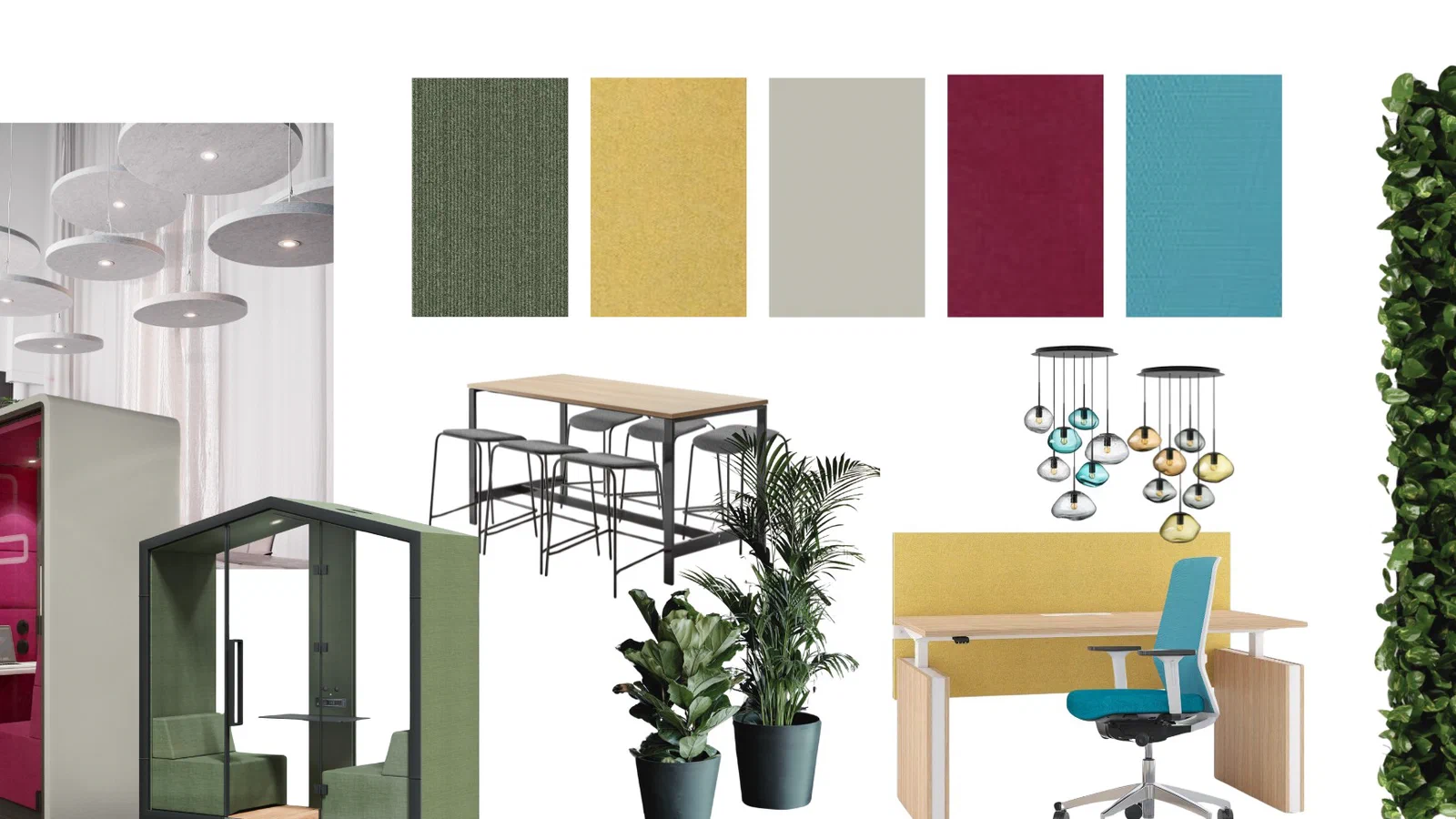 Moodboard for kontorlokaler til et reklamebyrå med varme farger