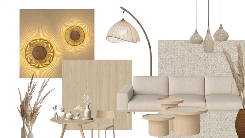 Moodboard med dempede farger og naturmaterialer