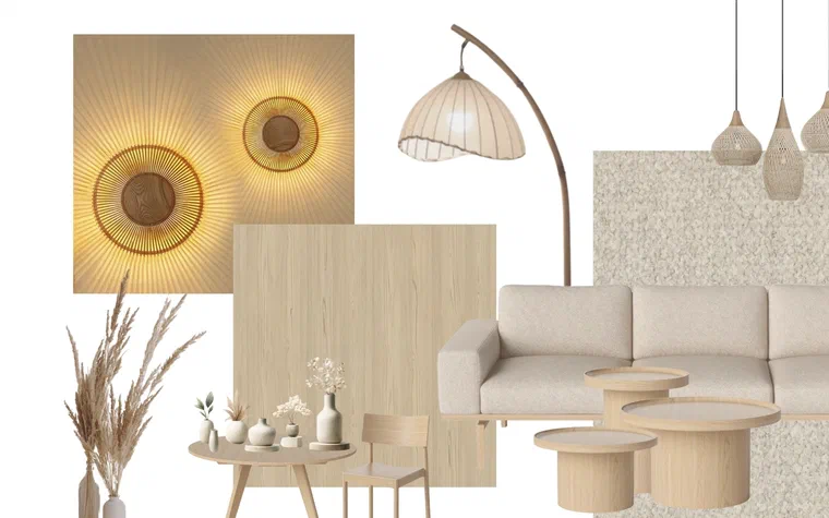 Moodboard for et Japandi inspirert hjem med naturlige materialer og dempede farger