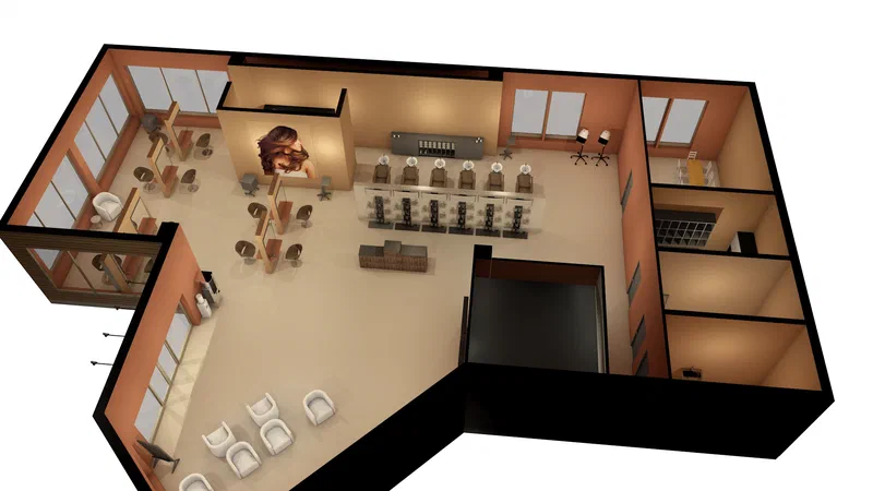 3D visualisering av frisørsalong, detalj