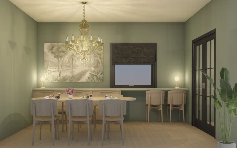 3D visualisering av spisestue med grønn vegg og varmt lys