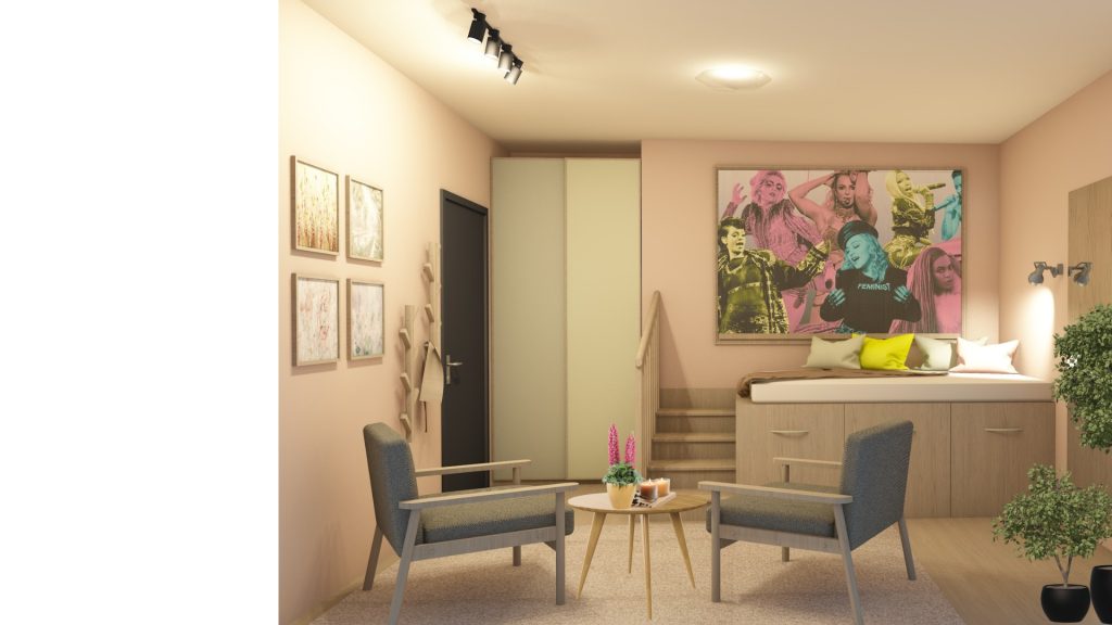 Soverom 2- Rommet til jenta 8 år senere. Den 13 år gamle jenta har nå fått forvandlet rommet sitt til et mer ungdommelig rom, med kun små justeringer. Fra starte av var sengen bygget slik at det var rom for å vokse, med en 90x200 madrass. På denne måten kunne hun beholde senga som hun vokser.